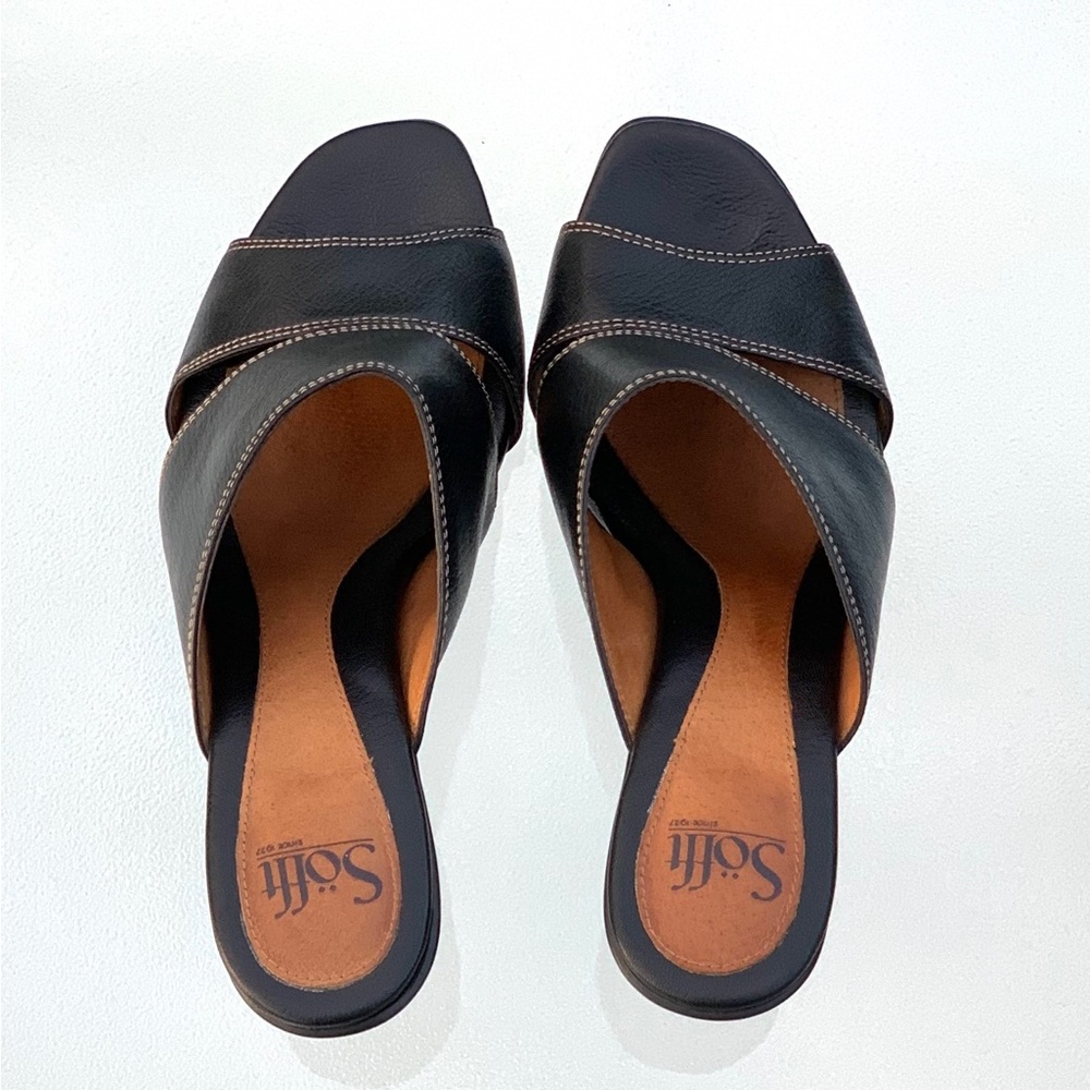 Söfft Black Leather Open Toe Wide Band Tapered Chunky Heel Sandals Women’s 10 - Picture 3 of 10
